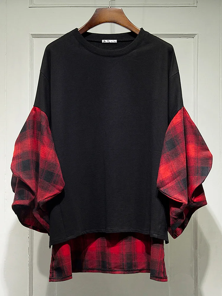 

Vintage Plaid Contrast Color Lantern Sleeve T-shirt For Women O-neck Patchwork Female T Shirt 2023 Spring Summer New Top H173