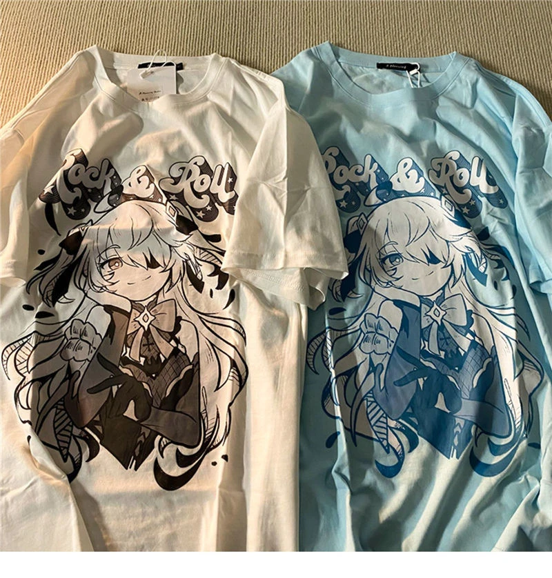 Summer 2022 Harajuku Anime Genshin Impact Fischl Loose Short Sleeve Kawaii  Top Oversized t shirt Summer Short Sleeve Tee Tops| | - AliExpress