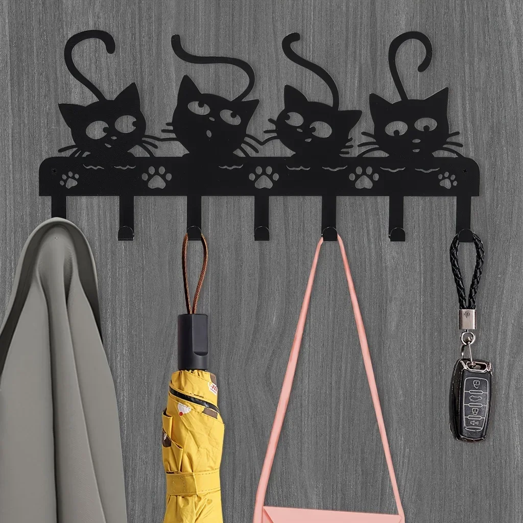 CIFBUY Black Cats Wall Hooks Key Holder Halloween Cats Decorative Hooks Rack Hangers Iron Hook Wall Mounted with 7