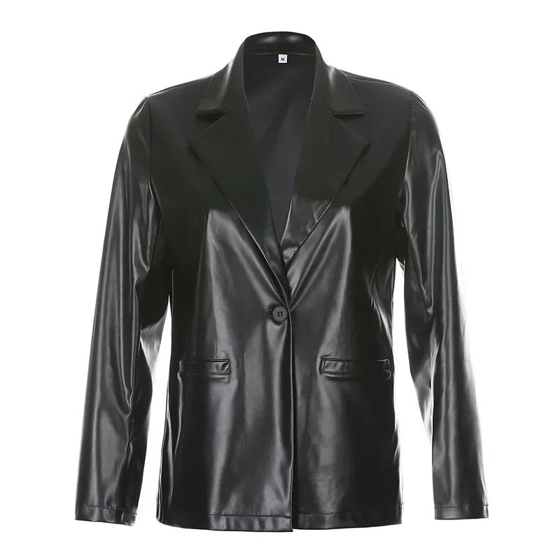 Black Pu Leather Jacket Zipper Button Pocket Coat Female Long Sleeves Casual Outerwear Women Autumn Winter Fashion y2k Jacket