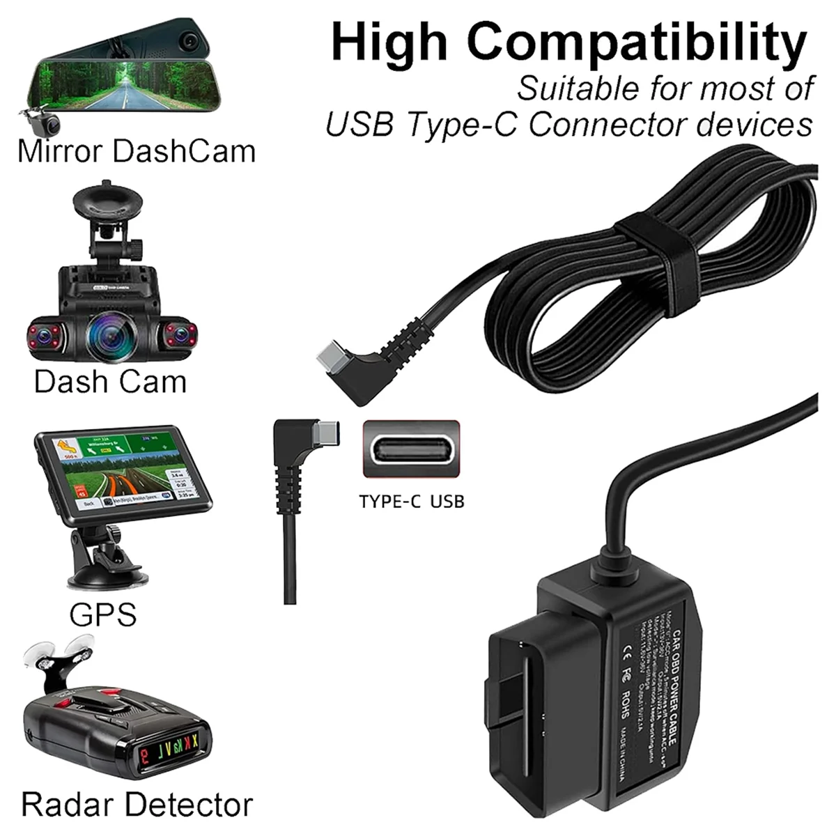 Dash Cam OBD Hardwire Kit with USB Type C Connector - 12-24V to 5V/3A Power Adapter