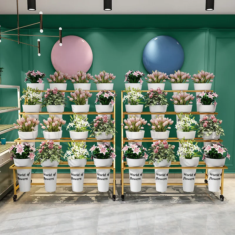 Flower Shop Display Multi Layer Ladder Flower Stand Movable Iron Stand Bucket Display Shelf Plant Stands