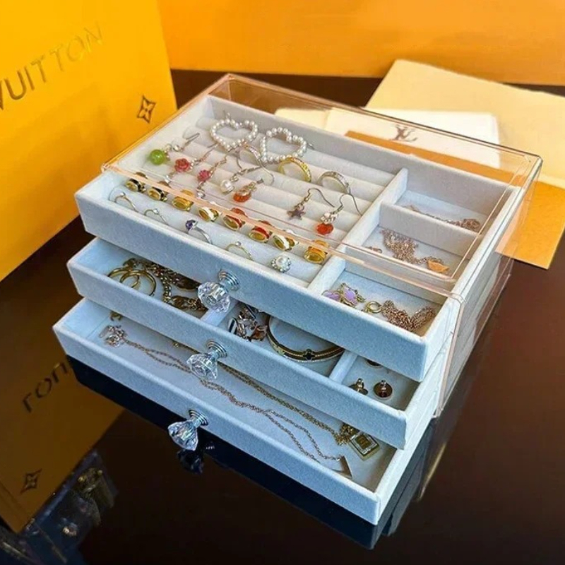 & Stackable Acrylic Velvet Jewelry Organizer with 3 Drawers for Women's Necklaces, Earrings and Bracelets for Women