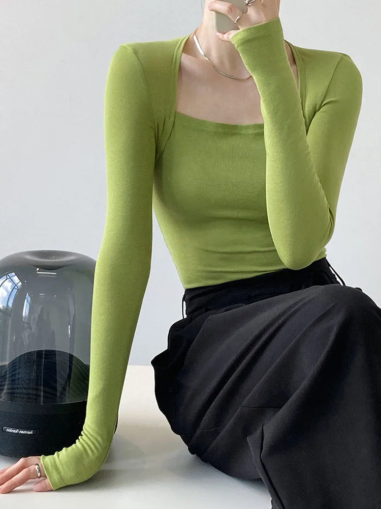 

2023 French Gentle Long-Sleeved Square-Neck T-Shirt Women Slim Fake Two-Piece Top Autumn Solid Color Bottoming Shirt