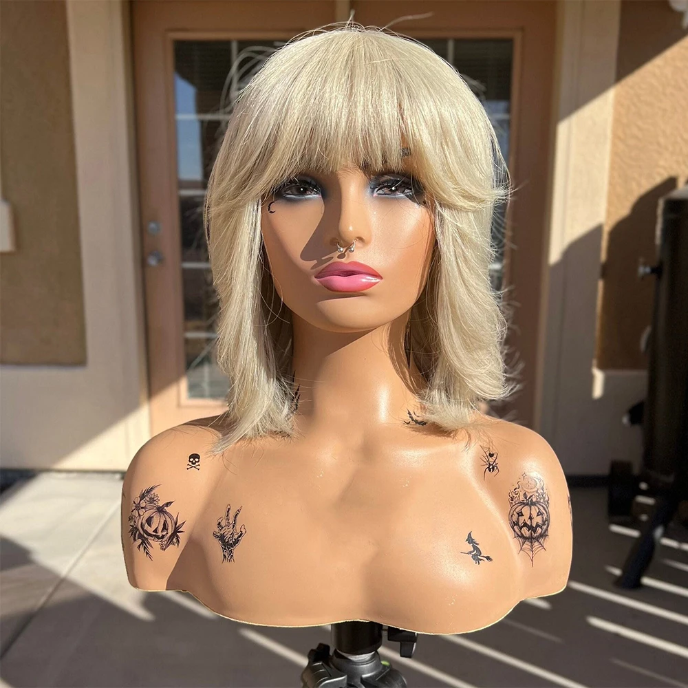 Platinum Blonde Bob Cut Hair Synethetic Lace Front Wig Lace Free Bang Wig 180 Density 14" Heat Resistant Short for Women