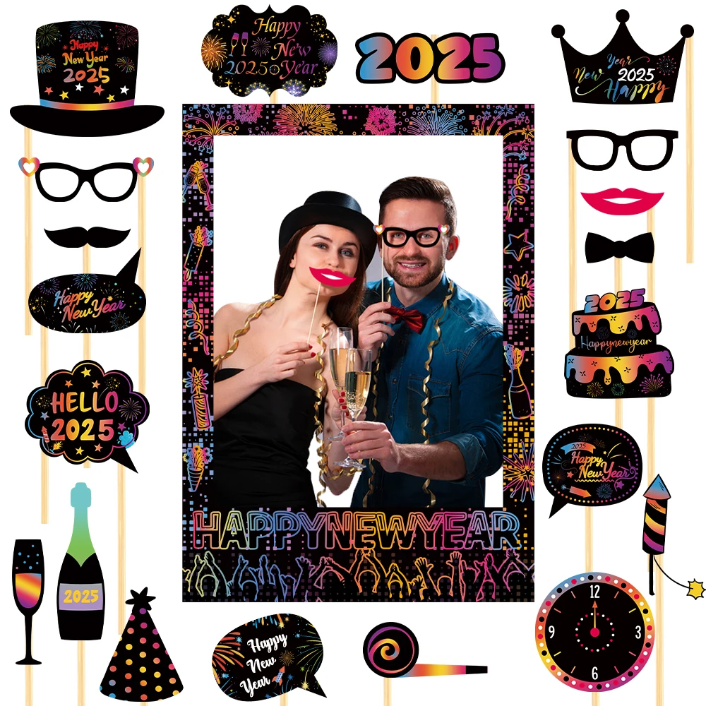 Party Photo Props 1set Happy New Year Paper Photo Frame colorful Photo Booth Props New Year Eve Party Decorations Photobooth Prop