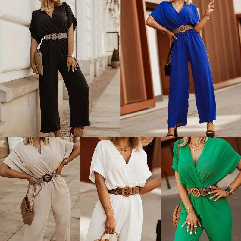 

Autumn New Short Sleeve V-neck Bat Sleeve Elastic Waist Jumpsuit Pants Overalls for Women