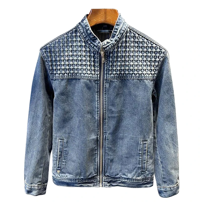Starbags DSQ Denim jacket is a stylish, slim wash, worn, printed, inked blue and diamond-encrusted denim jacket for men