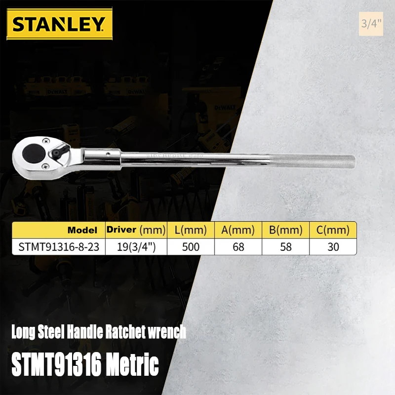 

Stanley STMT91316 3/4inch 91-917-1-22 3/8inch Long Steel Handle Ratchet Wrench Adjustable Angle Professional CR-V for Mechanic