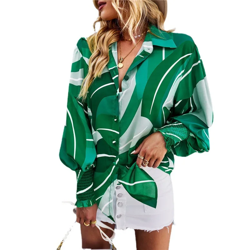

Elegant fashion shirts and blouses spring 2023 vintage lantern long sleeve print shirt Green red blue black Big size blouse