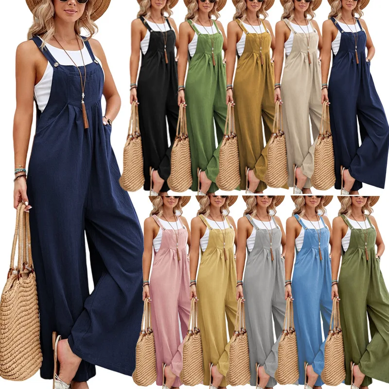 Women Casual Jumpsuits and Rompers Wide Leg Pockets Strap Pants Ladies Solid Color Long Overalls Playsuits