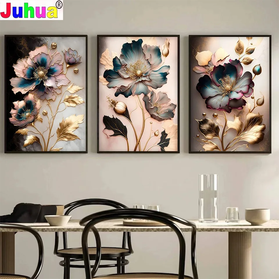 Flowers with Gold Leaves Diamond Painting triptych Full Square Round Diamond Mosaic Modern Living Room Luxurious Home Decoration Flowers with Gold Leaves Diamond Painting triptych Full Square Round Diamond Mosaic Modern Living Room Luxurious Home Decoration