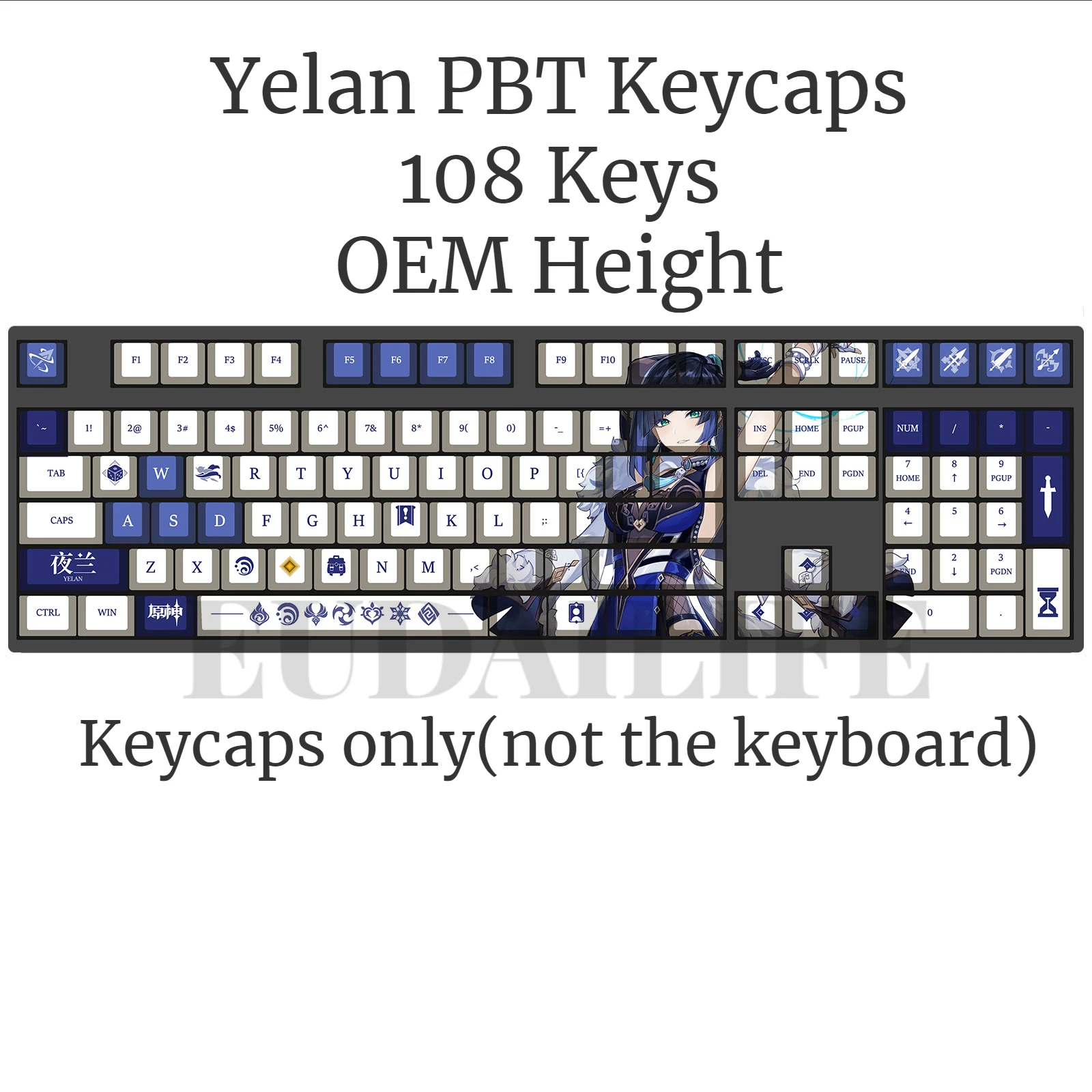 

Колпачок для клавиш Genshin Impact Yelan 108, колпачок для клавиатуры PBT DYE Sublimation OEM MX Cross Axis, игровой подарок для механической клавиатуры