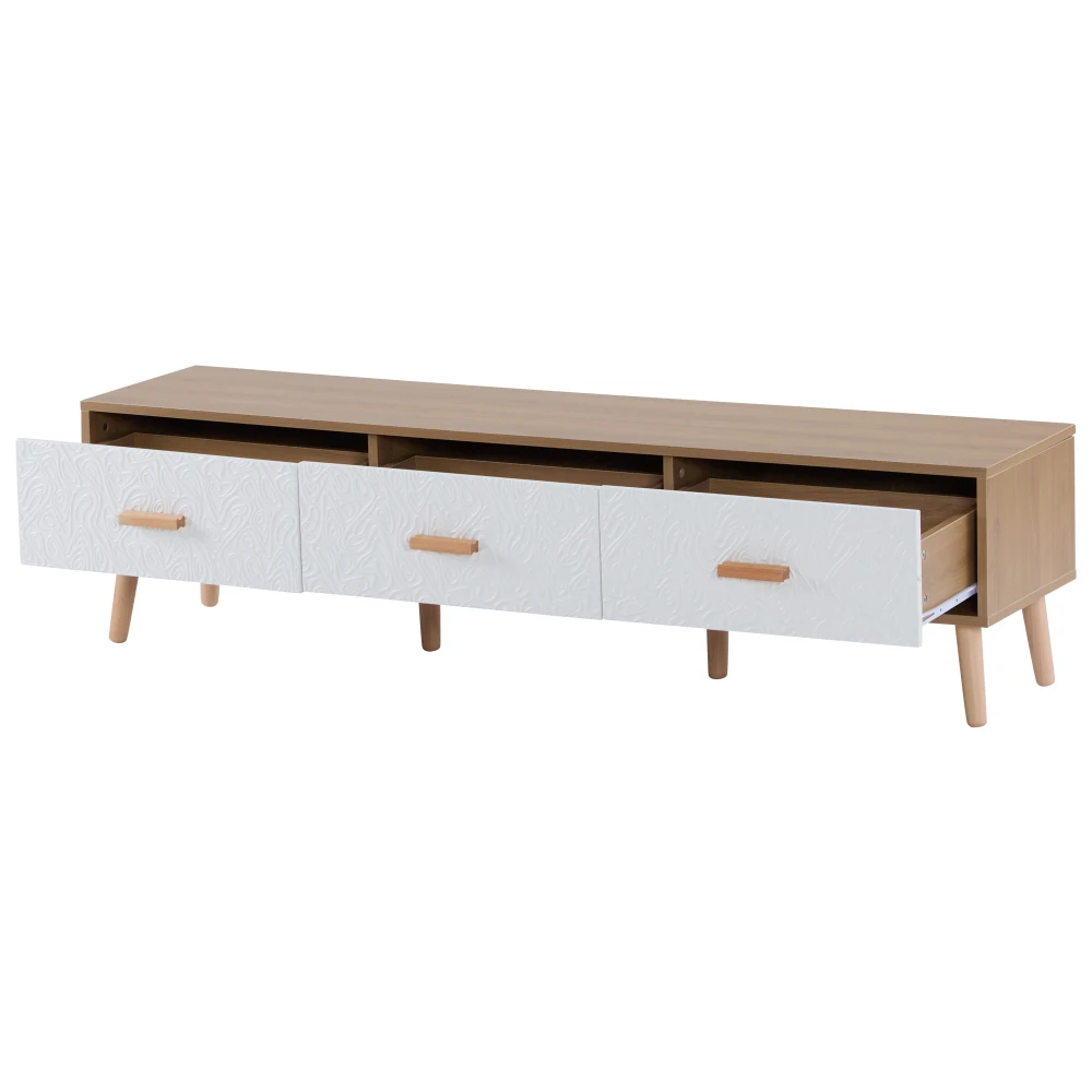 Vintage-TV-Ständer, TV-Schrank, TV-Tisch aus Holz – Wohnzimmer, Schlafzimmer, helles Holz, Vintage-Maserung, weiße Türverkleidung, 150 x 35 x 39 cm – Detail 25