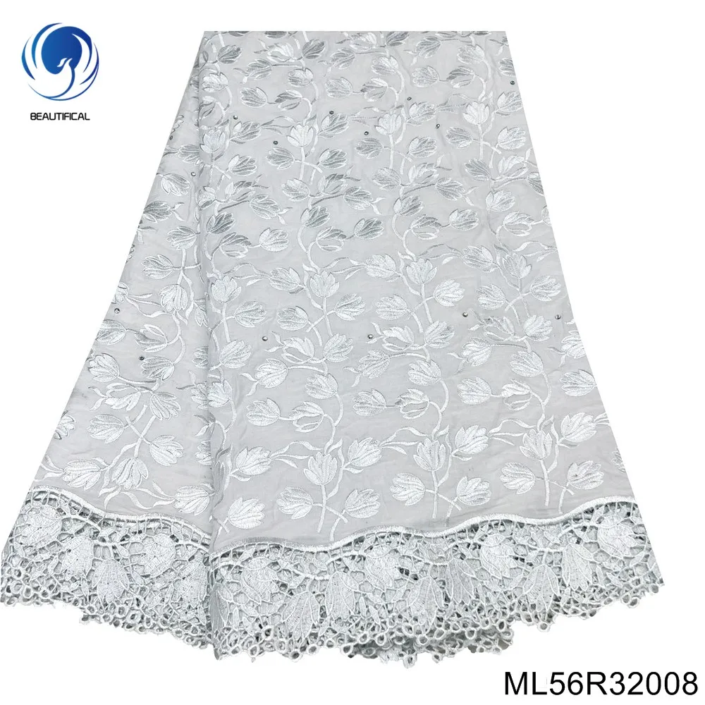 

White Exquisite Embroidery Technology Nigerian Cotton Voile Lace Fabric For Evening Dress Cloth By ML56R320