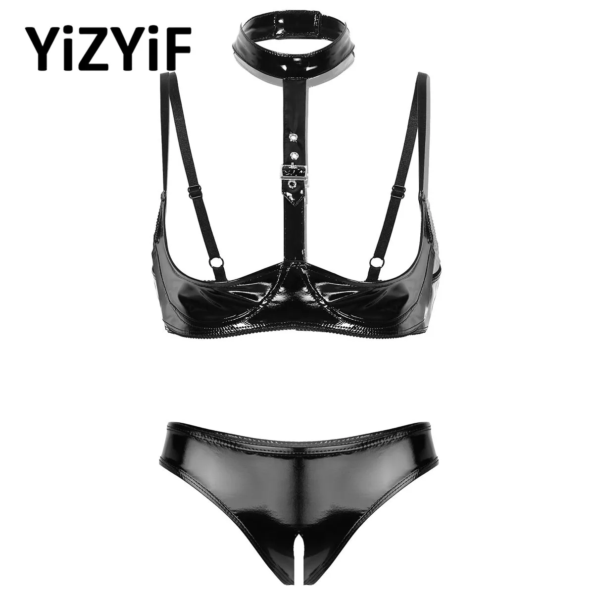 Womens Slutty Patent Leather Lingerie Set Black Buckle Halter Wetlook Latex Wire-free Open Cup Bra Top Exposed Breasts Bralette