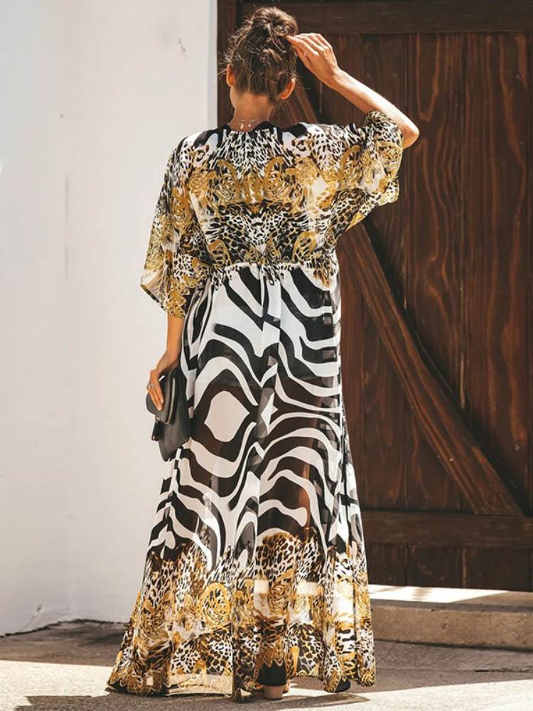 Bikini Cover Up Chiffon Beach Kimono Women Leopard Printed Long Cape for Swimsuit Tunic Summer Beach Wear Factory Supply 3