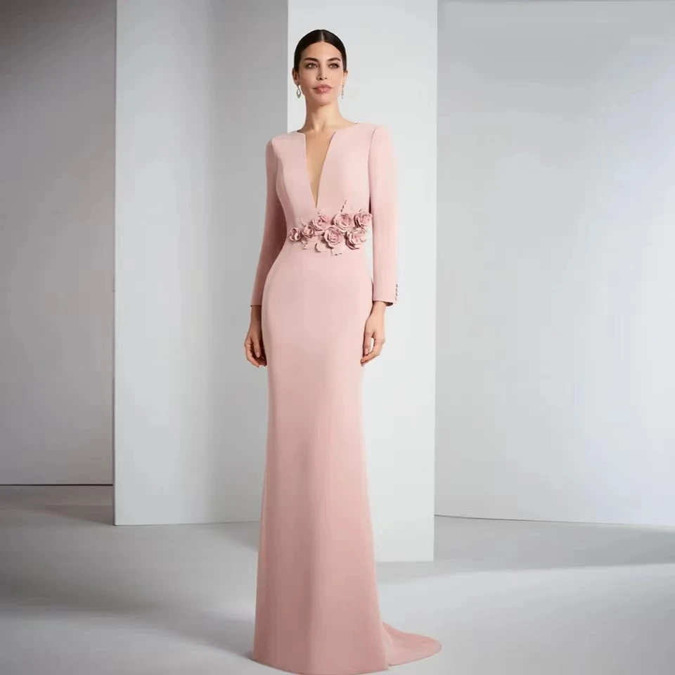 

Elegant Pink V Neck Long Sleeves Mother of the Bride Dresses Wedding Party Gowns Flowers Floor-Length Mermaid 2024 فساتين السهرة