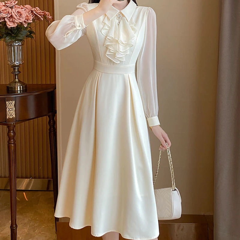 

High-grade Fairy Style Commuter Waist Dress for Women in Spring 2023 Korean Style New Ruffle Long-sleeved Slim A-line Skirt