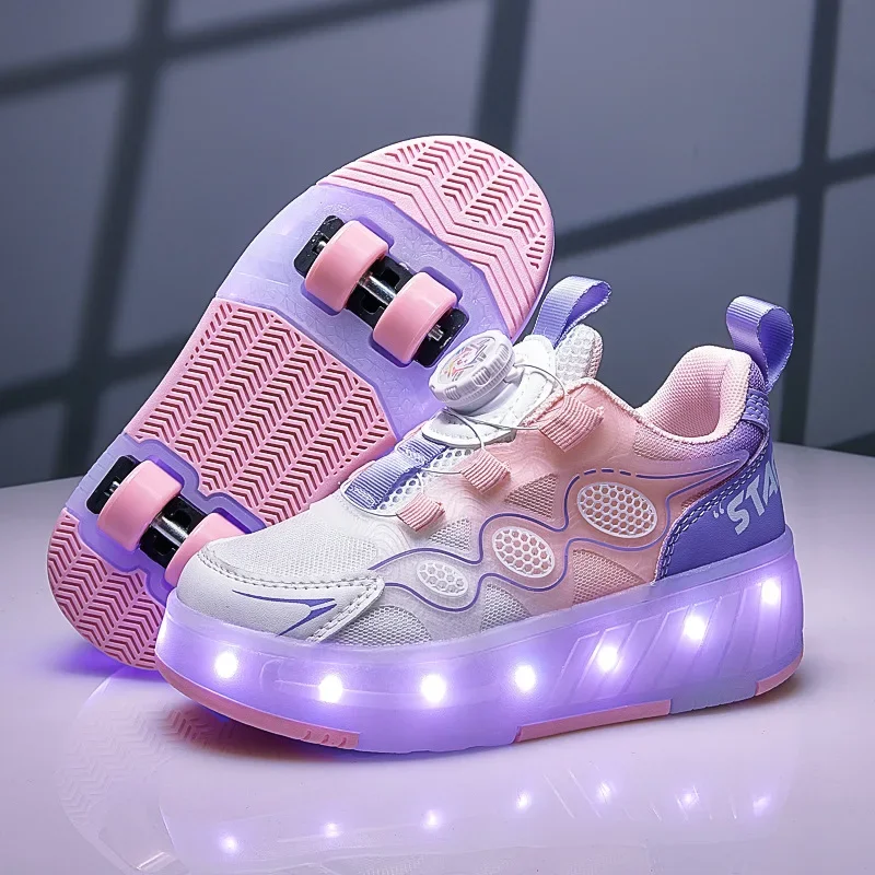 Children Roller Skating Shoes Anti-collision Durable Walking Shoes LED Lights USB Charging Four-wheel Skate Shoes for Kids
