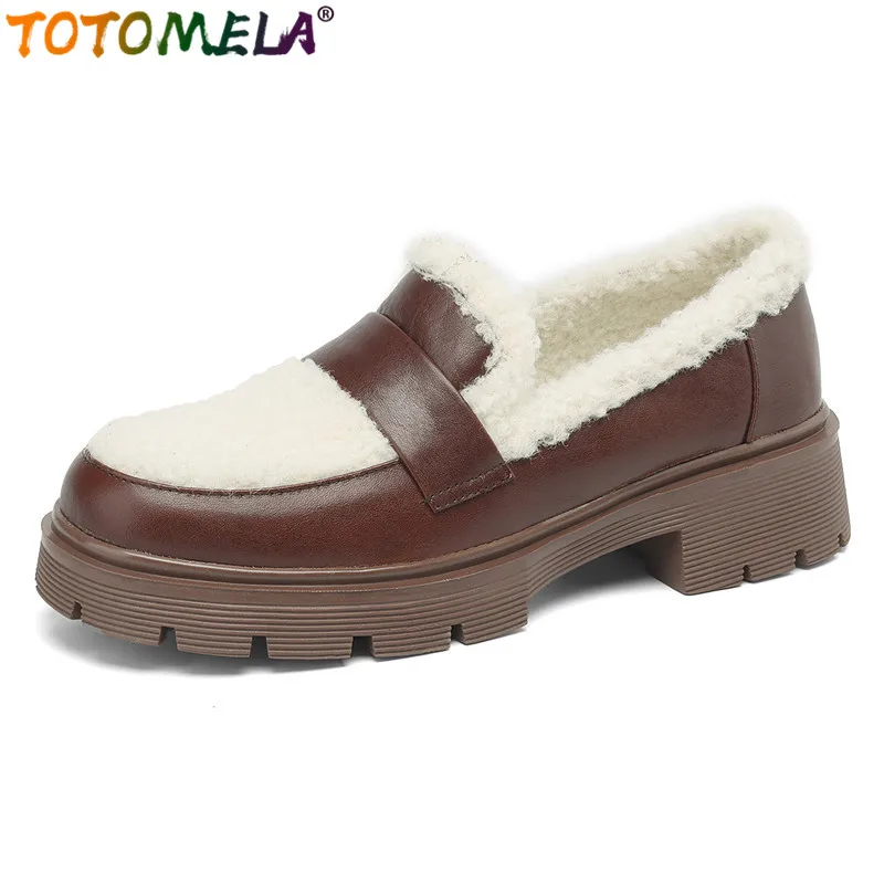 

TOTOMELA 2023 New Genuine Leather Shoes Women Loafers Square Low Heels Round Toe Handmade Ladies Fur Inside Warm Winter Shoes