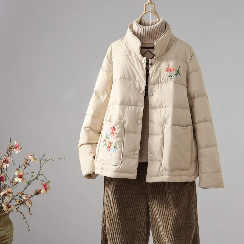 

2023 New Winter Fashion Retro Luxury Embroidery Women Short Down Jackets Stand Collar Slim Korean Lightweight Female Warm Coats