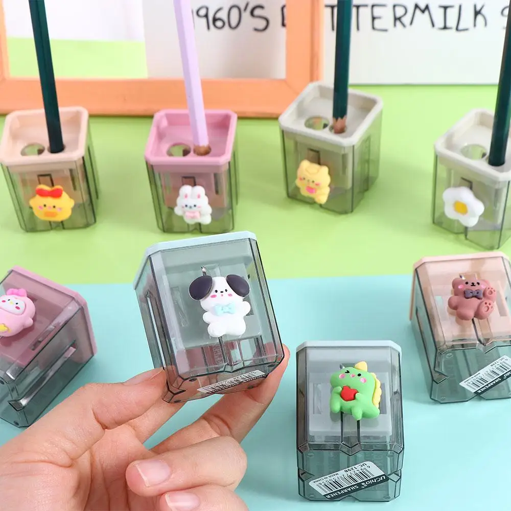 

Creative 2 Holes Pencil Sharpener Cartoon Square Pencil Cutting Tools Portable Transparent Drawing Sketching Art Supplies