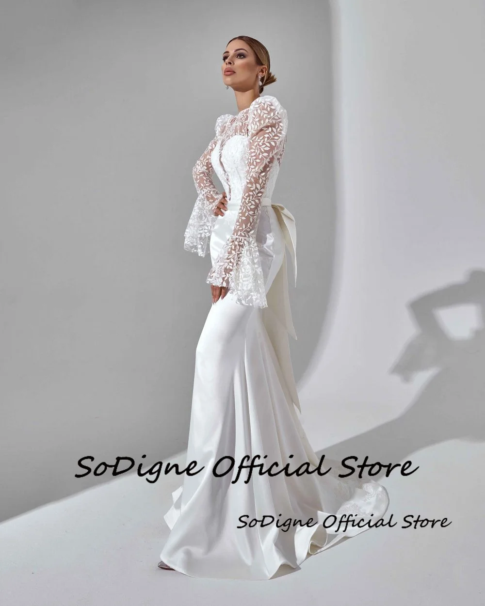SoDigne Mermaid Satin Bride Dresses Appliques Full Sleeves Wedding Dress Long Bridal Gowns with Bow Robe De Mairee Customized 13 Se5684c66a3db420989e8950b8ff0a1a8Y