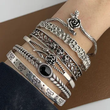 100% Solid 925 Sterling Silver Metal Bracelet for Women Vintage Handmade Simple Retro Flower Chain Bracelet Birthday Gift Party