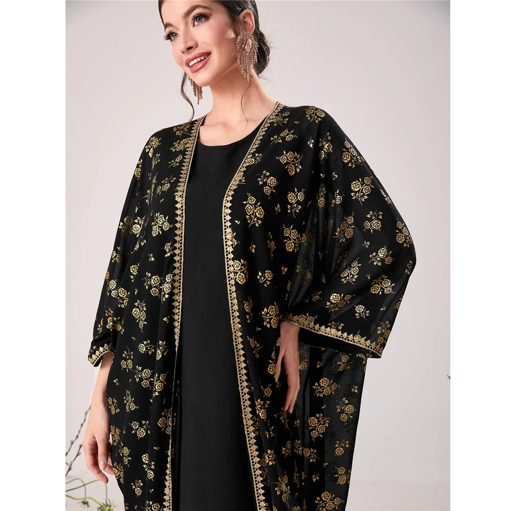 

Black Mesh Print Kimono Cardigan Inner Dress 2 Pieces Set Muslim Outfits Dubai Turkey Kaftan Women Islamic Caftan Morocain Robe