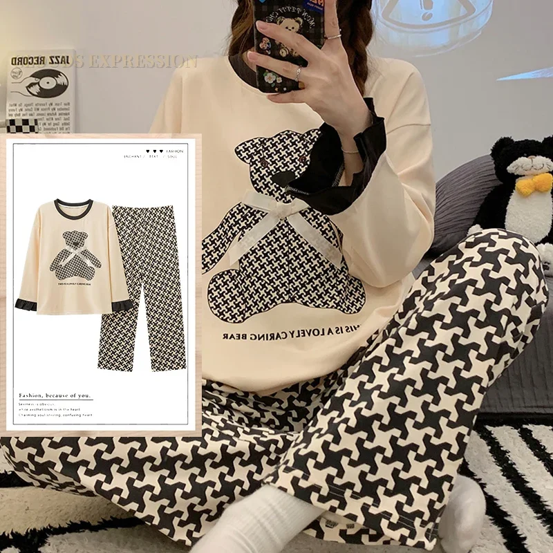 Spring Autumn Knttted Women's Pajamas Sets Teen Funny Pjs Cartoon Dinosaur Sleepwear Homewear Girls Pijamas Mujer Pyjama Fashion