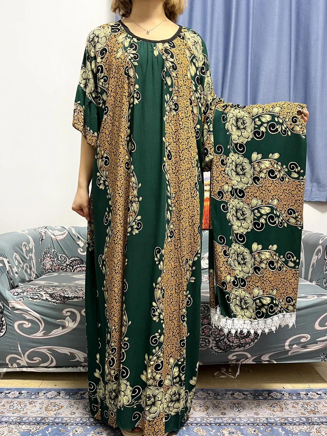 Abayas For Women Dubai Turkey Muslim Cotton Round Neck Floral African Long Dress Loose Novelty Robe Femme Musulmane Big Scarf