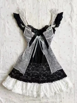 Aesthetic Vintage Elegant Summer Women Dress Gothic Sexy Y2k Lace Up Cardigan Mini Dress High Street Off Shoulder Sling Dresses 1