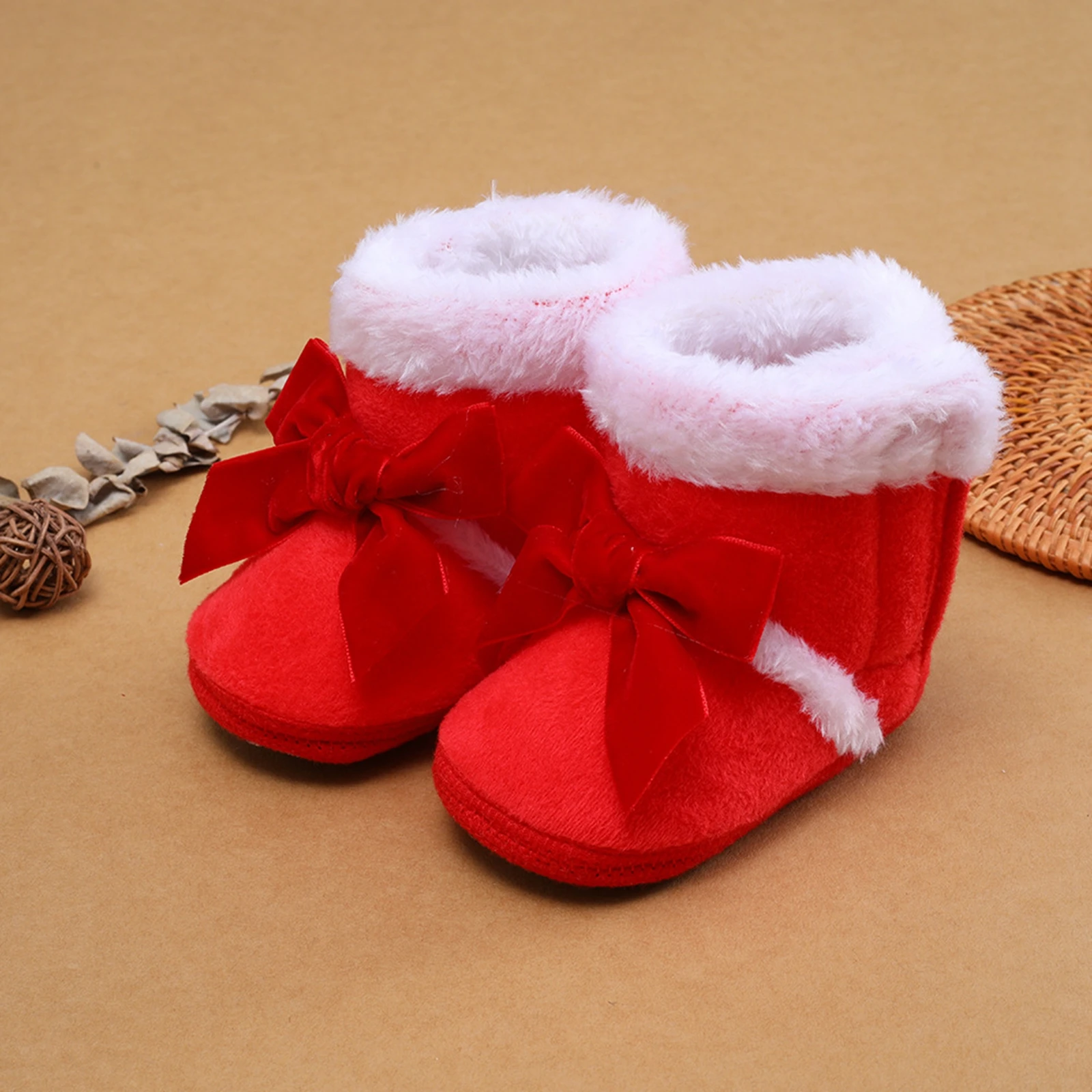 Infant Baby Girl Winter Shoes Toddler Anti-Slip Home Patch Color Big Bow Plush Warm Casual Party Winter Boots