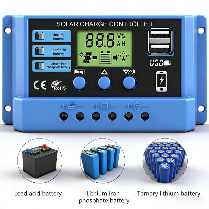ตัวควบคุมชาร์จแบตเตอรี่พลังงานแสงอาทิตย์ 12V/24V จอ LCD พร้อม USB 5V