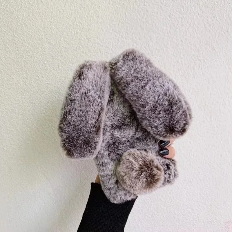 Custodia Peluche Per Xiaomi Redmi A1/A1 Plus – Cover Morbida Con Orecchie Da Coniglio E Cristalli – Bianco Grigio