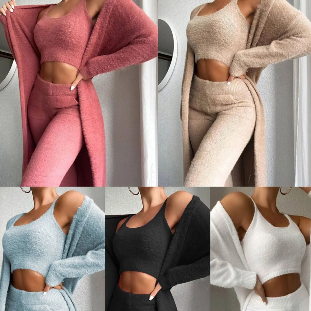 Casual Fleece Knitted Cardigan and Pants Set