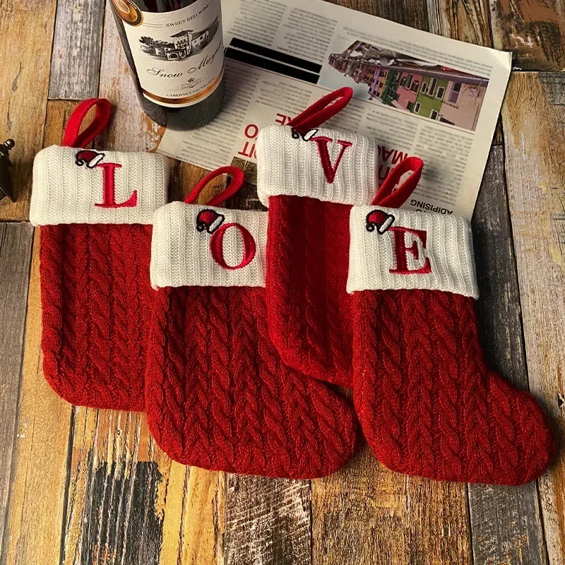 Letters Christmas Stocking Knitting Christmas Tree Pendant Decorations for 2025 Xmas Gift Snowflake Alphabet Socks for christmas stockings