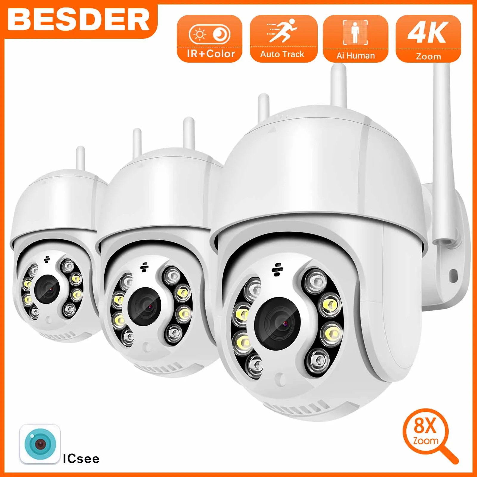 3PCS BESDER 3MP PTZ Wifi Camera 4X Digital Zoom AI Human Detect 2Way Audieo Wireless CCTV Home Surveillance Camera