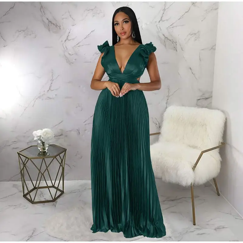 Women Solid Backless Elegant Long Dresses V-neck Pleated A-line Sexy Frock 2023 Spring Summer Evening Party Casual Style Dress