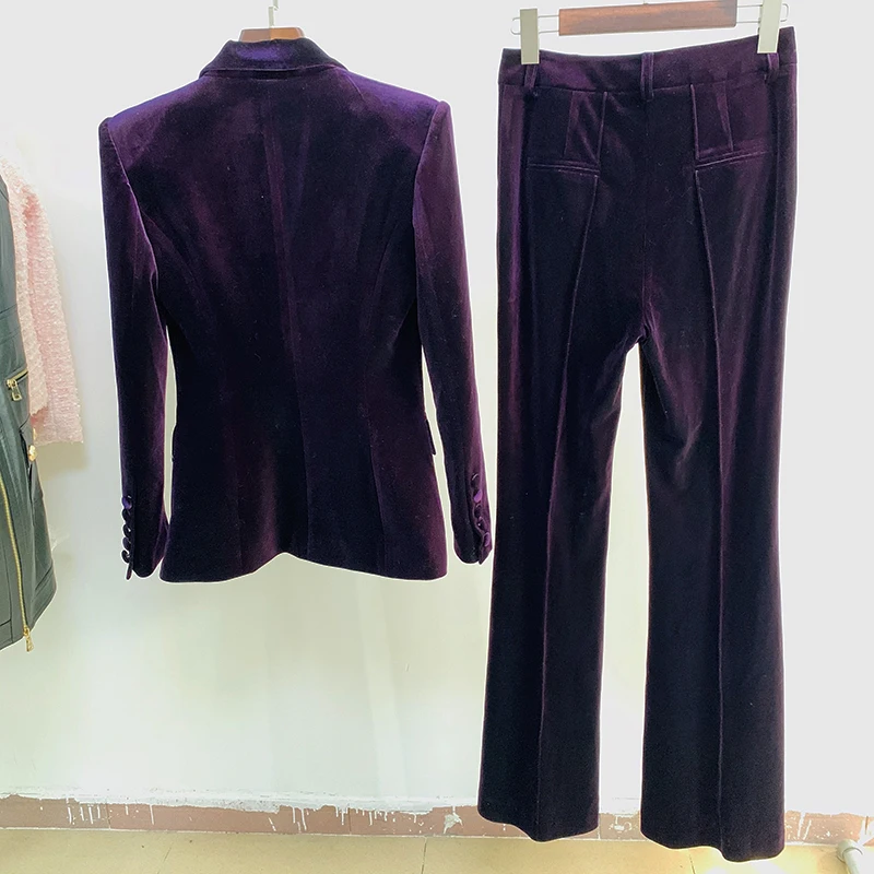 HIGH QUALITY Newest Fall Winter 2025 Designer Suit Set Women's Single Buttons Velvet Blazer Flare Pants Suit 3
