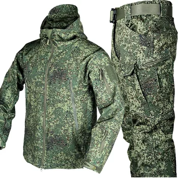 Completo Tattico Mimetico da Uomo, Giacca Impermeabile con Cappuccio e Zip, Pantaloni Softshell Militari, Tuta Invernale in Pile