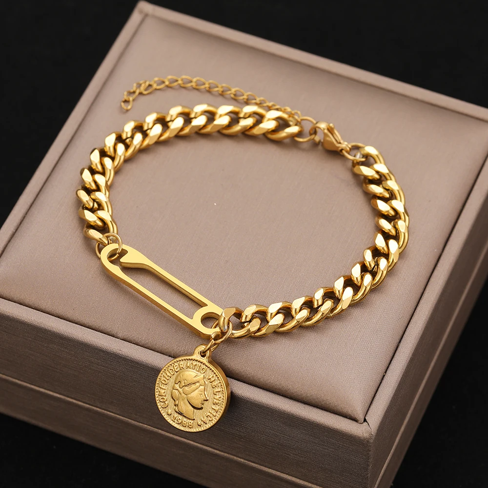 Stainless Steel Bracelets Hippie Gothic Pearl Chain Pendants Fashion Bracelet For Women Jewelry Portrait Coin Girls Gifts stainless steel bracelets