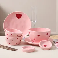 Salad Bowl Pink Heart Pattern Ceramic Plate Coffee Cup Children Dessert Bowl Household Cute Dinner Plates Restaurant Tableware 4
