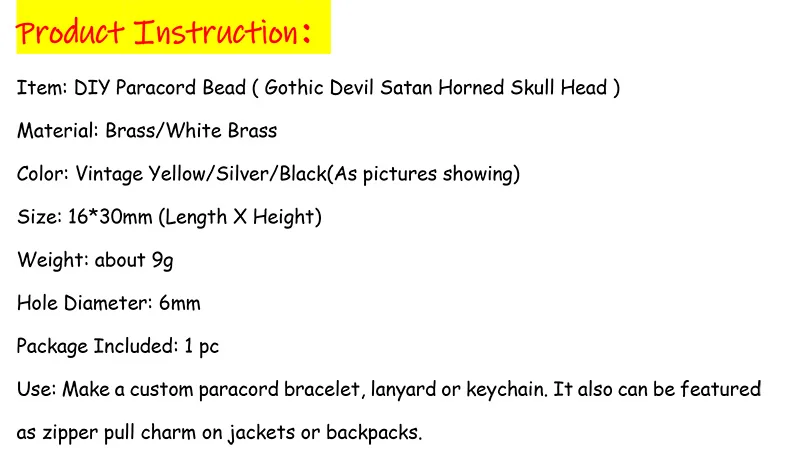 Description Picture 2 of itemGothic Devil Satan Skull Head Brass Knife Beads DIY EDC Paracord Handmade Accessories Punk Men Outdoor Tools Lanyard Pendants