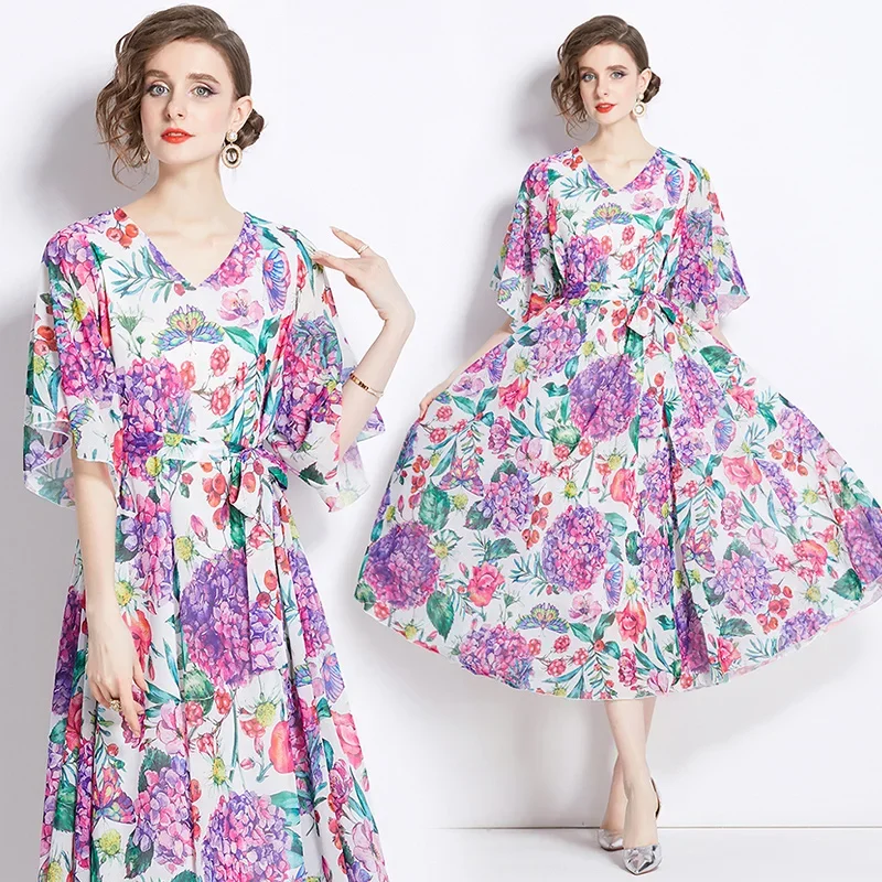 

Elegant Half-sleeved Silk Skirt Flowy Pendant Flower Print Dress Plus-size Loose Dress Women Wedding Dresses