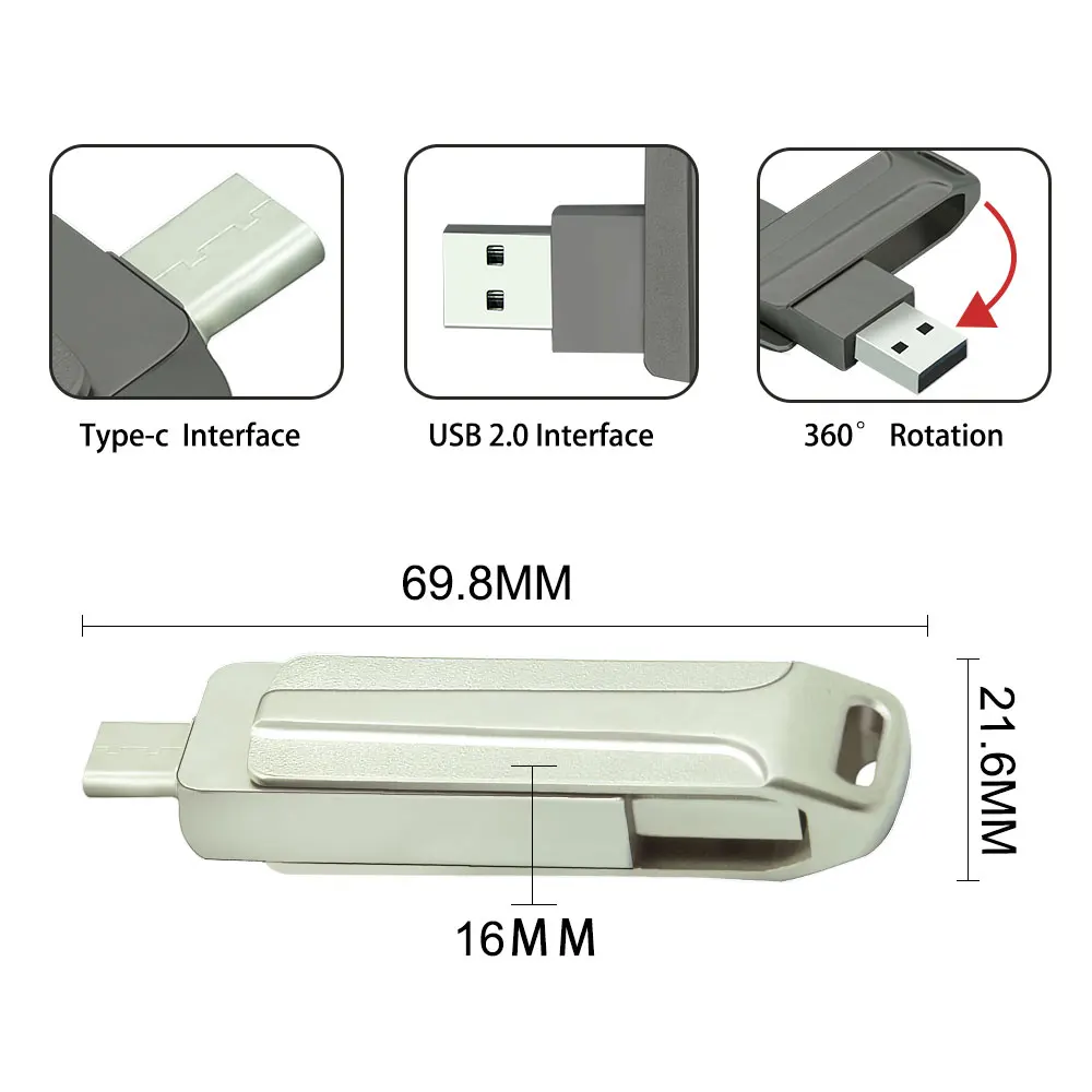 회전 C타입 USB 플래시 드라이브, OTG 외부 저장 장치, 2 in 1 마이크로 메모리 스틱, C타입, 8GB, 64GB, 32GB, 16GB, 128GB