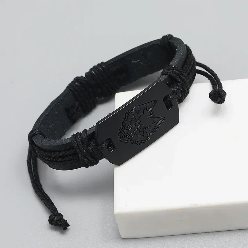 Hip Hop Rock Band Bracelet Steampunk Band Symbol Adjustable Wolf Head Charm Leather