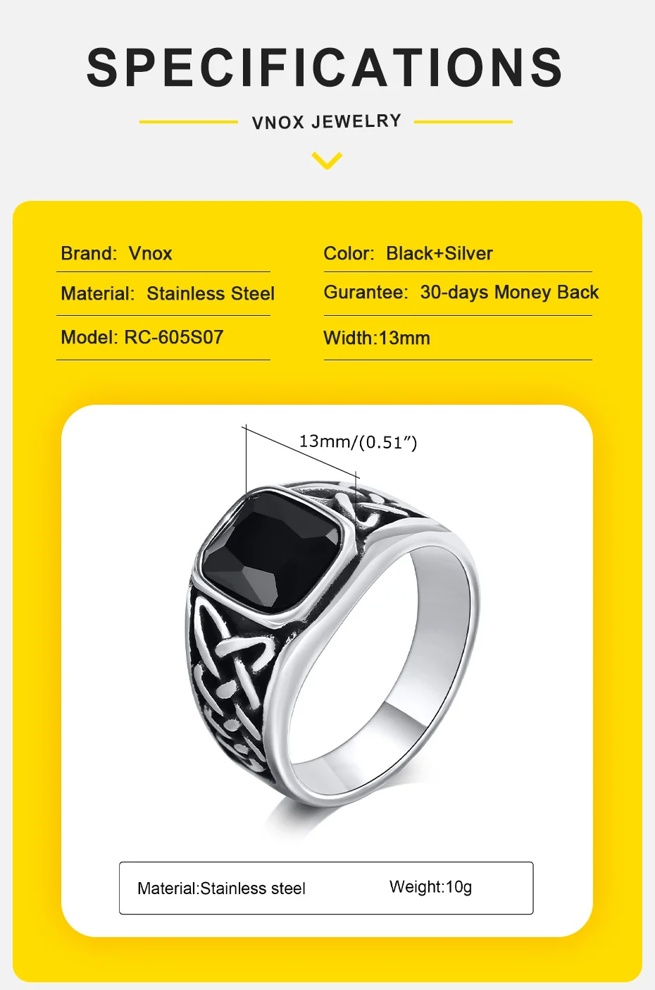 Vnox klobige Punk-Ringe für Männer, Wikinger-Knoten-Runen-Fingerband, schwerer großer Steinschmuck für Männer – Detail 5