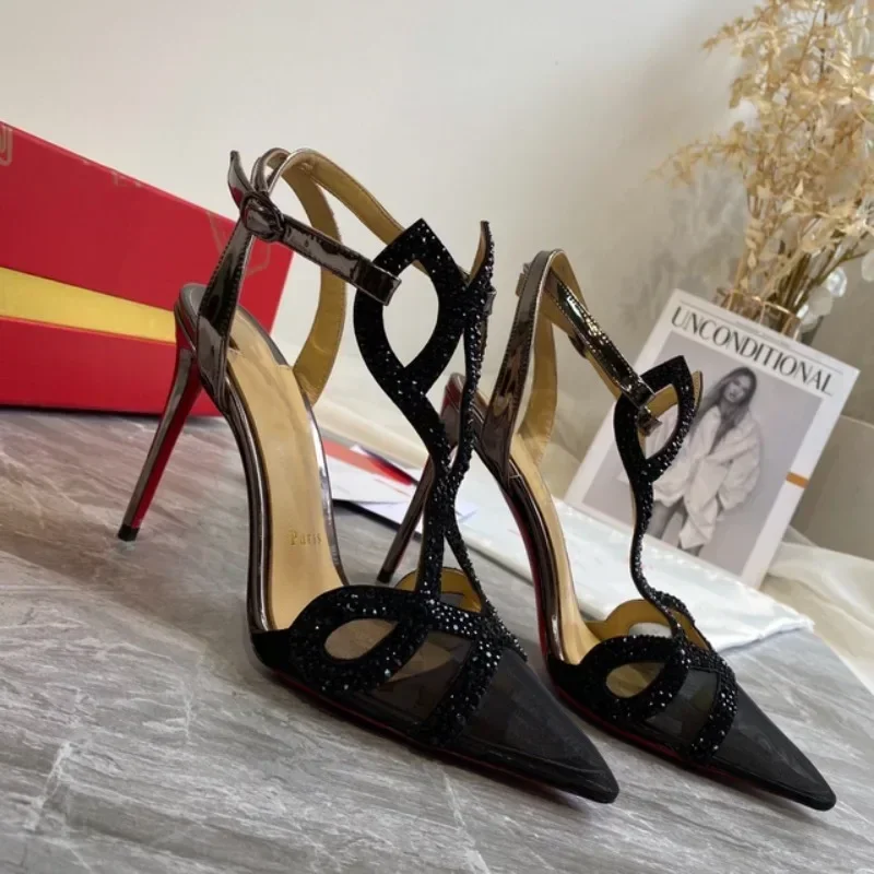 

Top Quality Womens High Heels Luxury Fashion Ladies Crystal Glisten Red Sole Shoes Classic Retro Designer 10cm High heel 0607HS